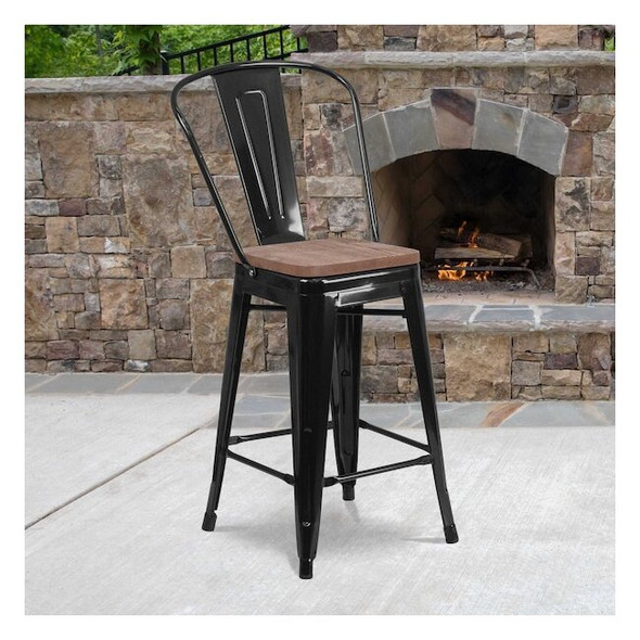 Flash Furniture Metal Counter Stool,24",Black CH-31320-24GB-BK-WD-GG