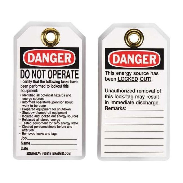 Brady Danger Tag, Polyester, 5 1/2 in H x 3 in W, Rectangle, 25 PK 65515