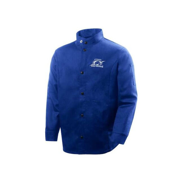 Welding Jacket, Cotton, 9 oz, 30 in Length, Snaps Closure, 2 Pockets, Blue, XL