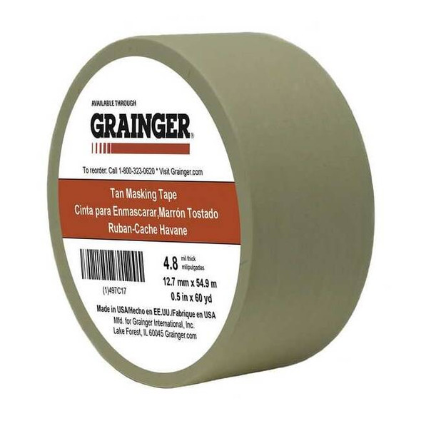 Masking Tape, 1/2 in W x 60 yd L, 4.8 mil Thick, Tan, Rubber Adhesive