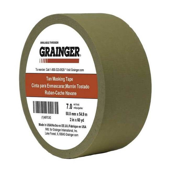 Masking Tape, 2 in W x 60 yd L, 7 mil Thick, Tan, Rubber Adhesive