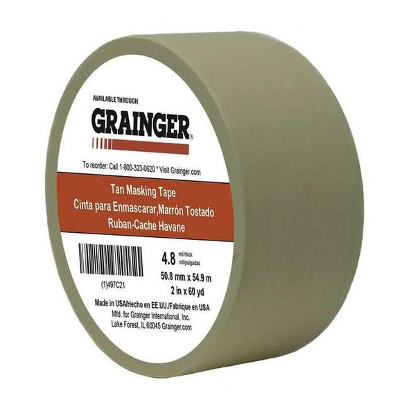 Masking Tape, 2 in W x 60 yd L, 4.8 mil Thick, Tan, Rubber Adhesive