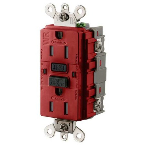 Hubbell Wiring Device-Kellems GFCI Receptacle,15A,125VAC,5-15R,Red GFSG5262R