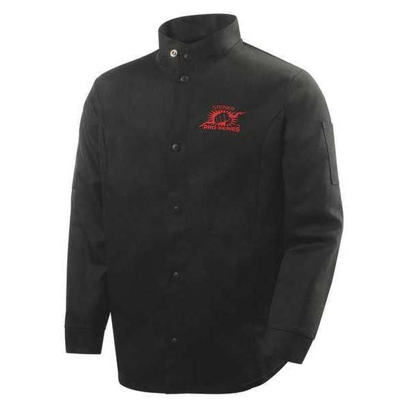 Welding Jacket, Cotton, 9 oz, 30 in Length, Snaps Closure, 2 Pockets, Black, M