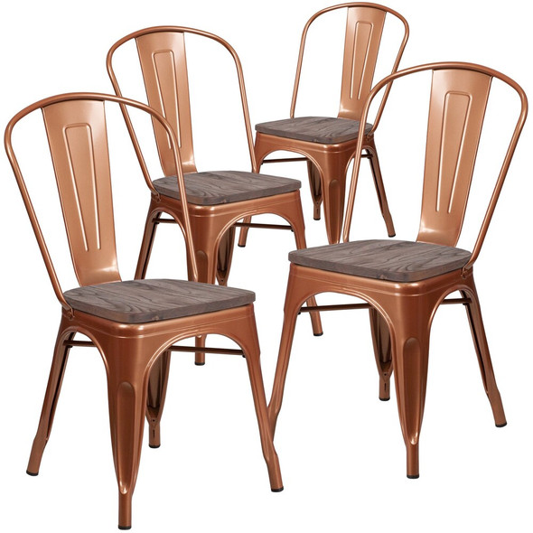 Copper Metal Stackable Chair with Wood Seat,PK4  4-ET-3534-POC-WD-GG