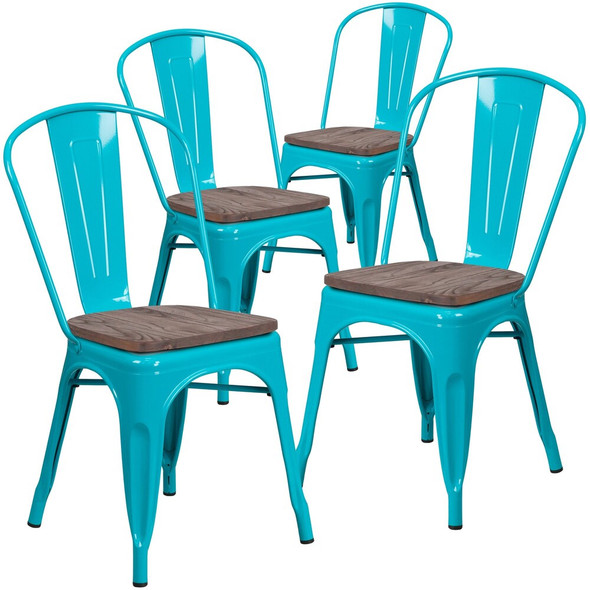 Crystal Teal-Blue Metal Stackable Chair with Wood Seat,PK4  4-ET-3534-CB-WD-GG