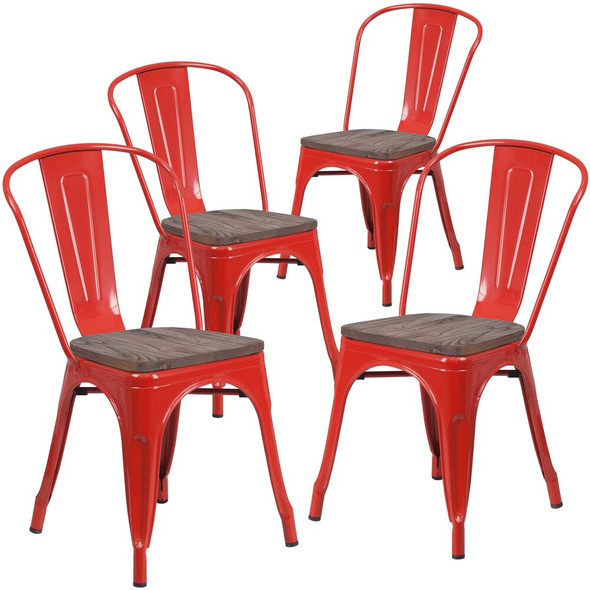 Red Metal Stackable Chair with Wood Seat,PK4  4-CH-31230-RED-WD-GG