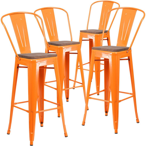 Orange Metal Barstool with Back and Wood Seat,30" High,PK4  4-CH-31320-30GB-OR-WD-GG