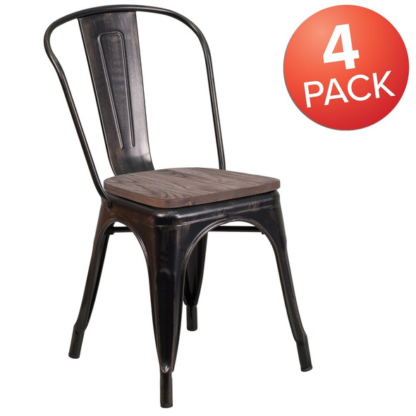 Black-Antique Gold Metal Stackable Chair with Wood Seat,PK4  4-CH-31230-BQ-WD-GG