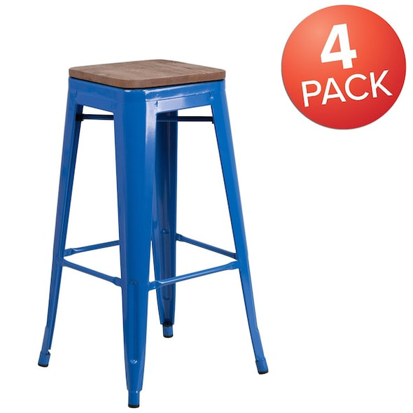 Backless Blue Metal Barstool with Square Wood Seat,30" High,PK4