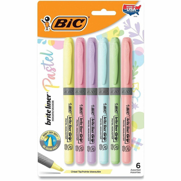 BIC Brite Liner Grip Highlighters, Assorted, 6 / Pack - Assorted Ink - 6 / Pack