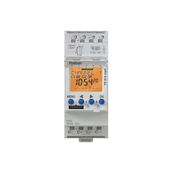 Theben Electr. Timer,Din Rail,24Hr/7D,2 Chn. TR-612-TOP-2-120V