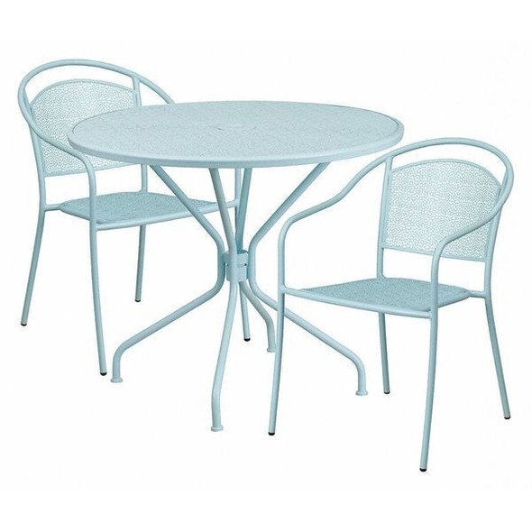 35.25" Round Sky Blue Steel Table with 2 Chairs