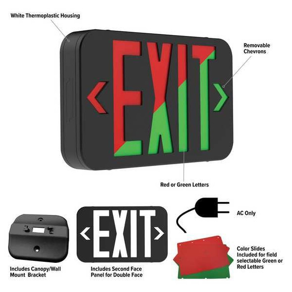 LED Lighted Exit Sign, Black, 1 or 2 Face(s), LED, Wall/Ceiling Mount, Not Battery Powered