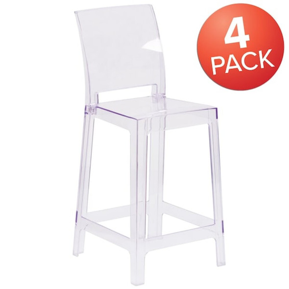 Ghost Counter Stool with Square Back in Transparent Crystal,PK4  4-OW-SQUAREBACK-24-GG