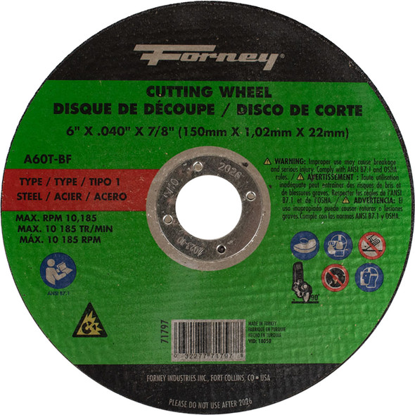 Cut-Off Wheel,Metal,Type 1,6" x .040 in x 7/8 in 71797