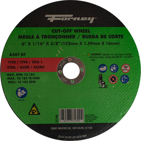 Cut-Off Wheel,Metal, Type 1, 6"x 1/16 in x 5/8in 71799