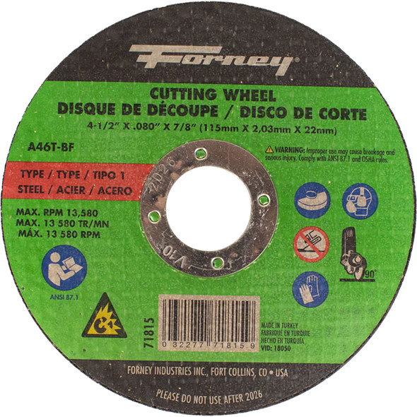 Cut-Off Wheel,Metal,Type 1,4-1/2"x .080 "x 7/8" 71815