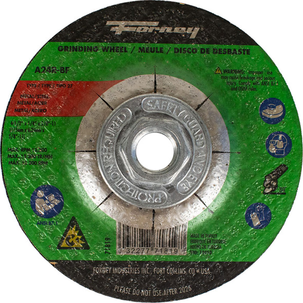 Grind Wheel,Metal,Type27, 4-1/2"x 1/4" x 5/8"-12 71819