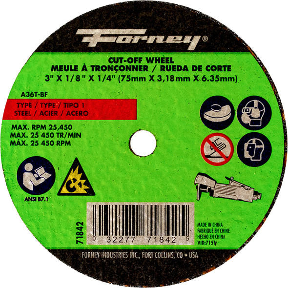 Cut-Off Wheel, Metal, Type 1, 3" x 1/8" x 1/4" 71842