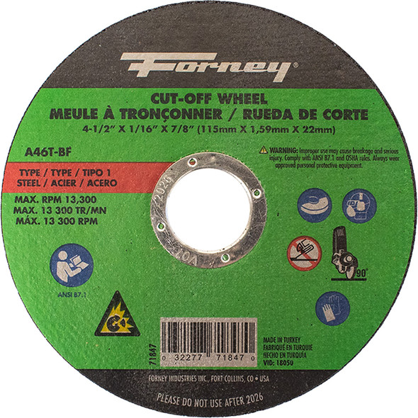 Cut-Off Wheel, Metal,Type 1, 4-1/2"x 1/16"x 7/8" 71847