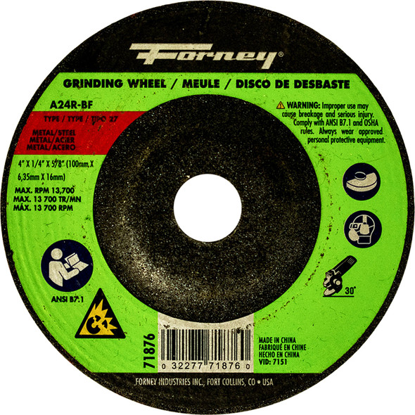 Grinding Wheel, Metal, Type 27, 4"x 1/4"x 5/8" 71876