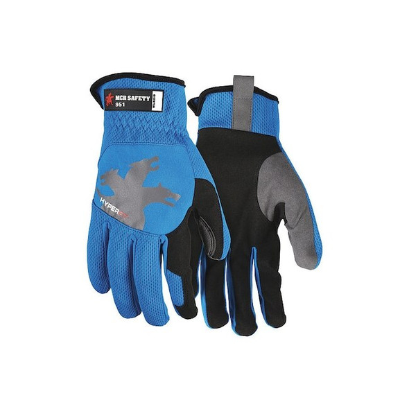 951 Mechanics Gloves, Synthetic Leather Palm, Spandex Back, 2XL, Black/Blue/Gray