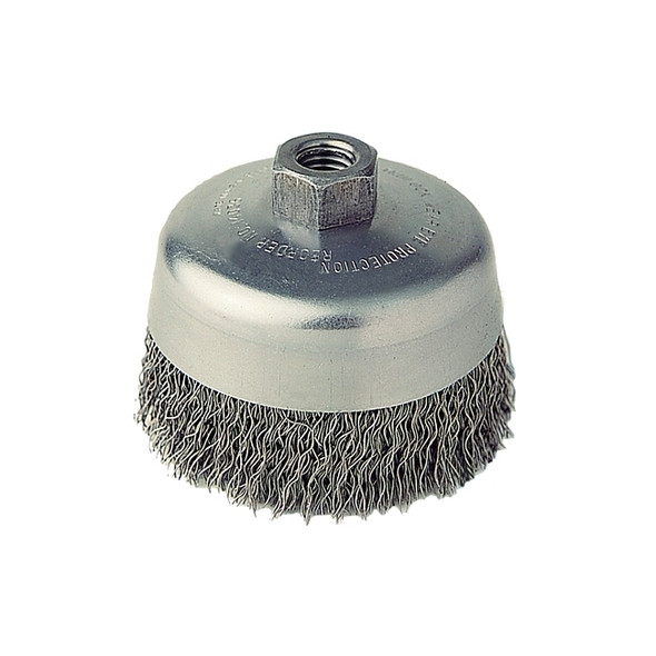 Crimped Wire Cup Brush, 4 in Dia., 5/8 in-11 Arbor, 0.02 in Steel Wire