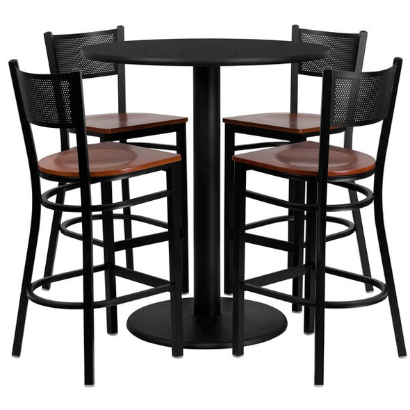 Flash Furniture Round Blk Bar Table,Rnd w/Cherry Seats,36", Laminate Top, Wood Grain MD-0018-GG