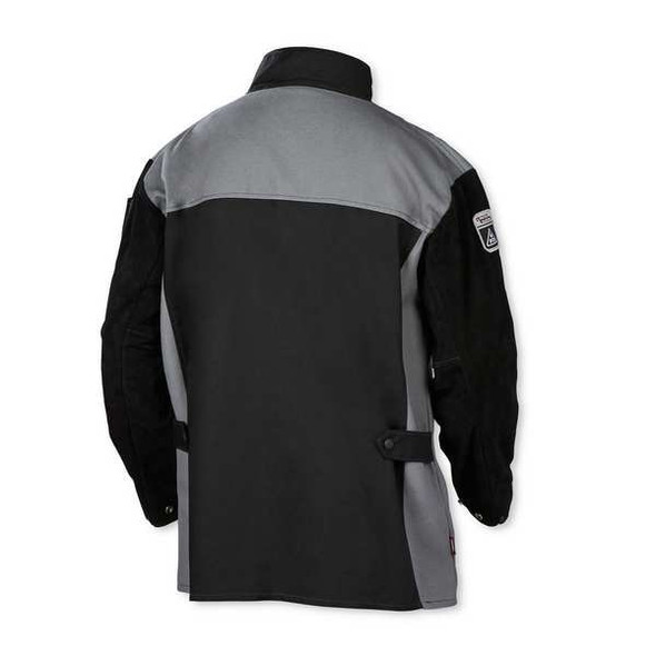 Welding Jacket, Cotton, Fabric, 9 oz, 30 in Length, Button, Velcro Closure, 1 Pockets, Black/Gray
