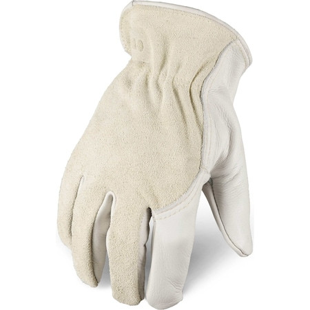 Leather Gloves, Cowhide, Slip-On, Wing Thumb, White / White, L, 1 PR