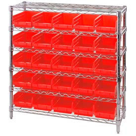 Global Industrial Chrome Wire Shelving with 25 4""H Plastic Shelf Bins Red 36x14