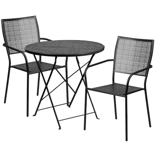 30" Round Black Steel Folding Table with 2 Chairs  CO-30RDF-02CHR2-BK-GG
