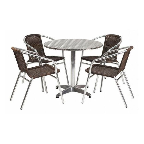 Round Table Set, Aluminum, Plastic, Rattan, Stainless Steel, Grey