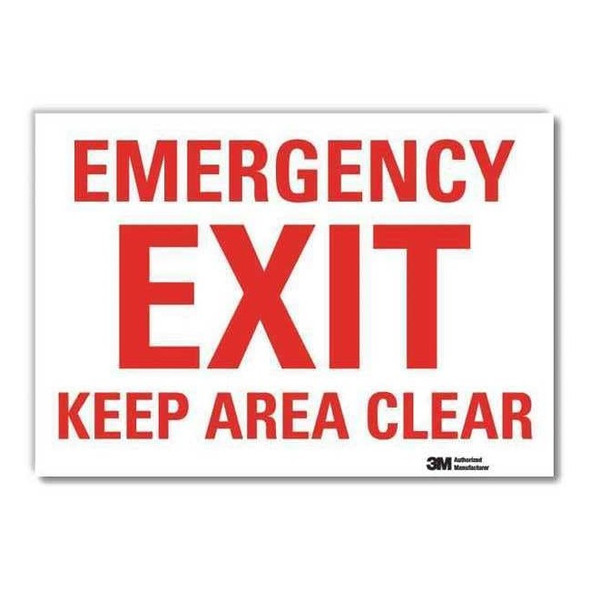 Exit Sign, Vinyl, 14" W, 10" H, Emergency Exit Keep Area Clear, White