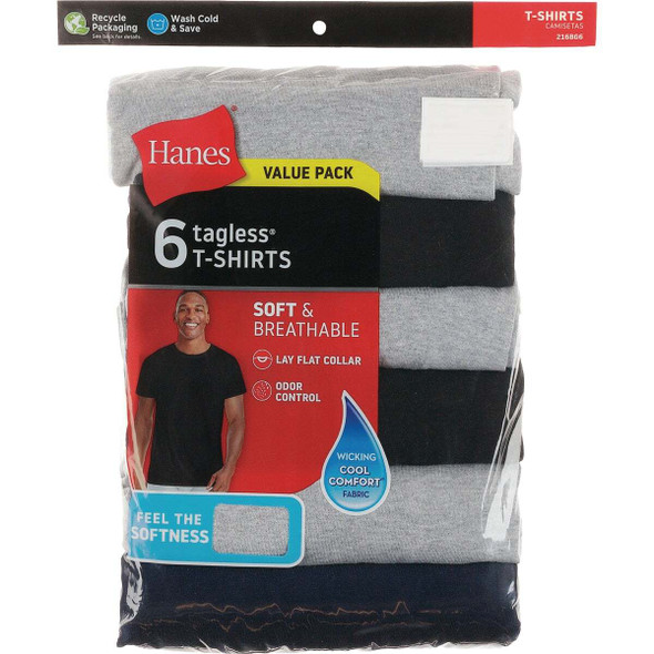Hanes XL Black & Gray Cotton Crew T-Shirt (6-Pack) 216BG6-XL