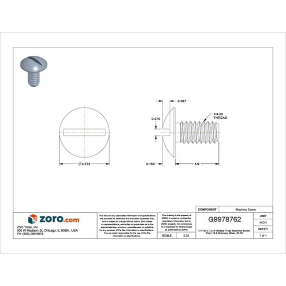 1-4"-20 x 1-2 in Slotted Truss Machine Screw, Plain 18-8 Stainless Steel, 50 PK  U51215.025.0050