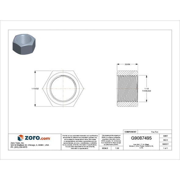 Hex Nut, 1"-14, Steel, Grade 5, Zinc Plated, 55-64 in Ht, 5 PK  U01330.100.0003