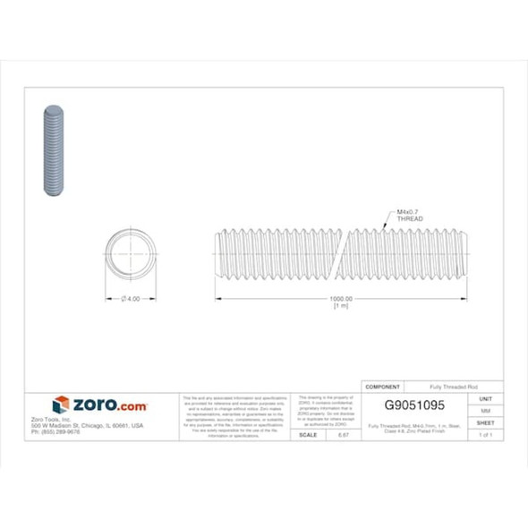 Fully Threaded Rod, M4-0.7mm, 1 m, Steel, Class 4.8, Zinc Plated Finish  M20300.040.1000