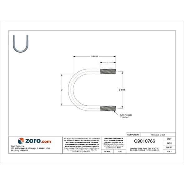 Round U-Bolt, 5-16"-18, 2 in W, 2 11-16 in H, Zinc Plated Steel  U17243.031.0150
