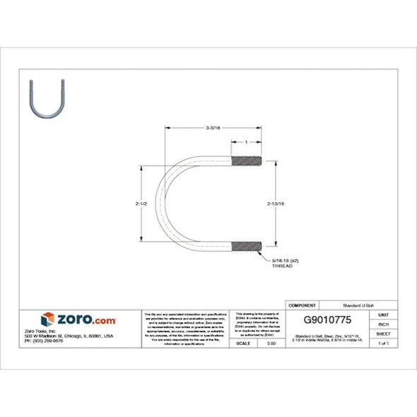 Round U-Bolt, 5-16"-18, 2 1-2 in W, 3 3-16 in H, Zinc Plated Steel  U17243.031.0200