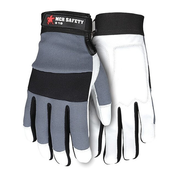 919 Mechanics Gloves, Goatskin Palm, Nylon, Spandex Back, M, Gray/White