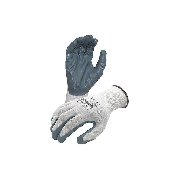 Coated Work Gloves, Nitrile, Flat, Palm, White/Grey, XS 1 PR Pack of 100
