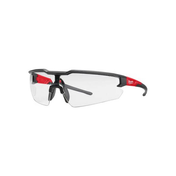 Safety Glasses, Anti-Scratch, Clear Lens, Black/Red Frame, Half-Frame