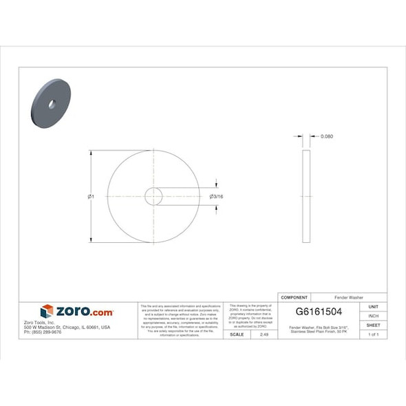 Fender Washer, For Screw Size 3/16" ,Stainless Steel Plain Finish, 50 PK