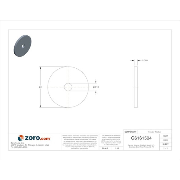Fender Washer, For Screw Size 3-16" ,Stainless Steel Plain Finish, 50 PK  U51530.018.0100