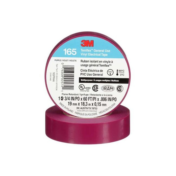 3m Electrical Tape, Vinyl, Purple, 20 yd L, 3/4 in W 165PR4A