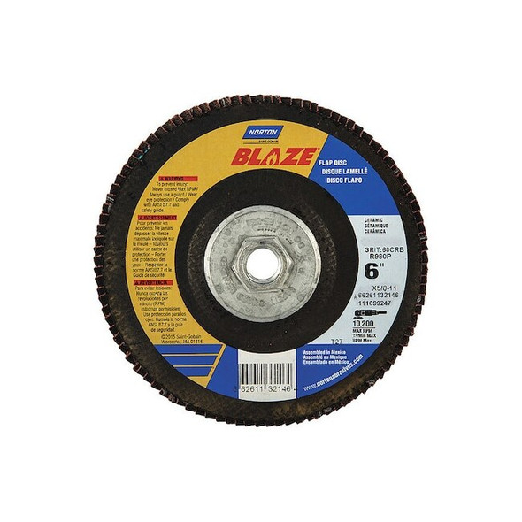 Norton Abrasives Flap Disc,Medium,60 Grit,6" dia. 66261132146 Pack of 10