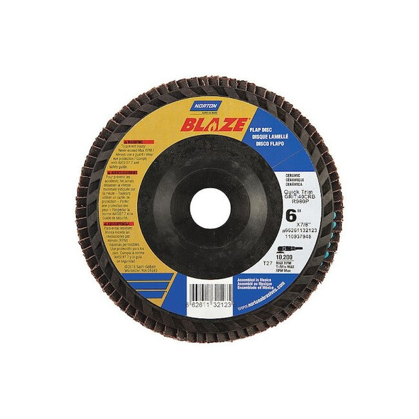 Norton Abrasives Flap Disc,Coarse,40 Grit,6" dia. 66261132123 Pack of 10