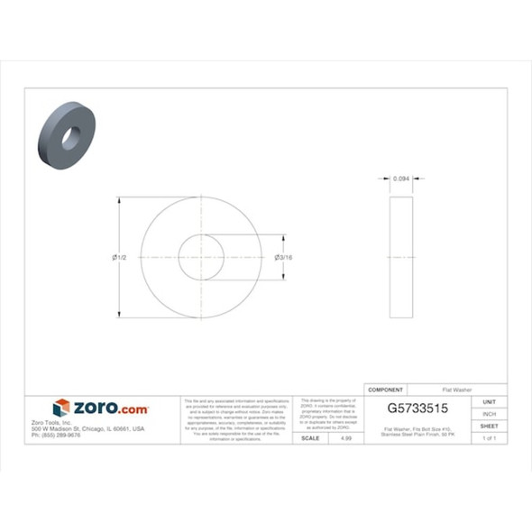 Flat Washer, For Screw Size #10 ,Stainless Steel Plain Finish, 50 PK  U51410.019.0001